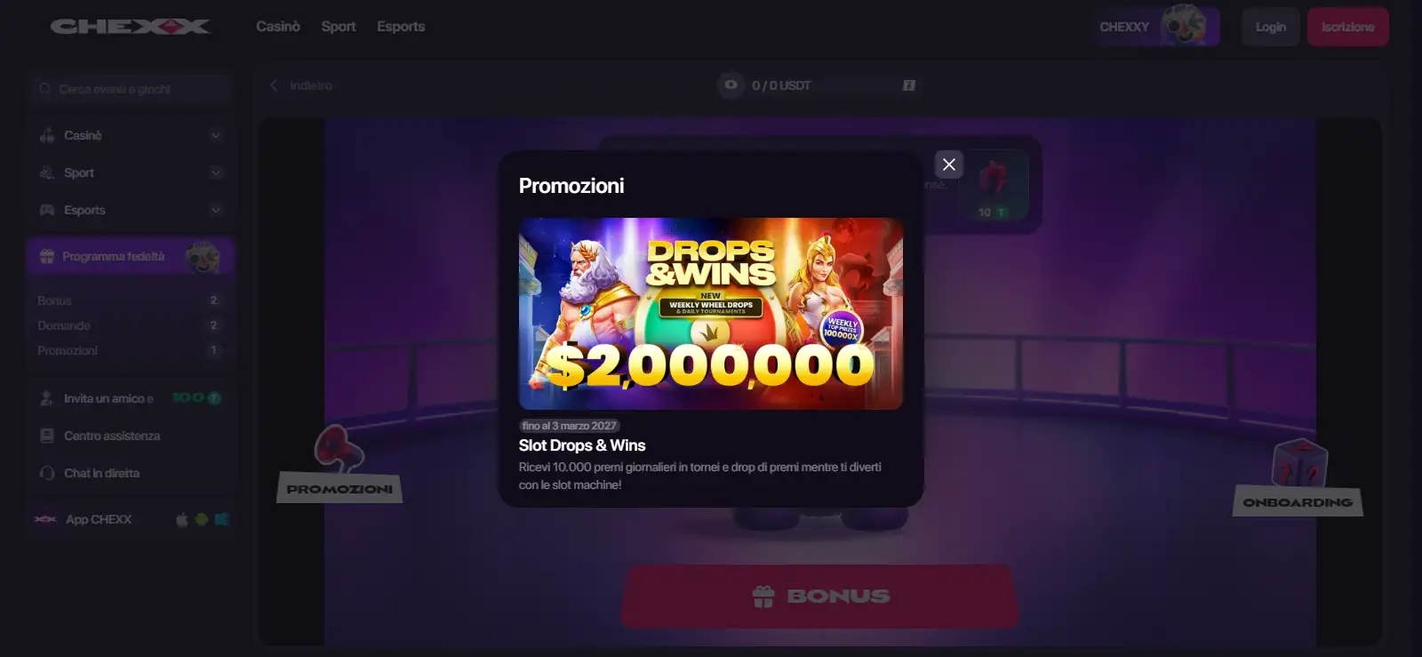 Tre livelli del bonus CHEXX con percentuali e giri gratis