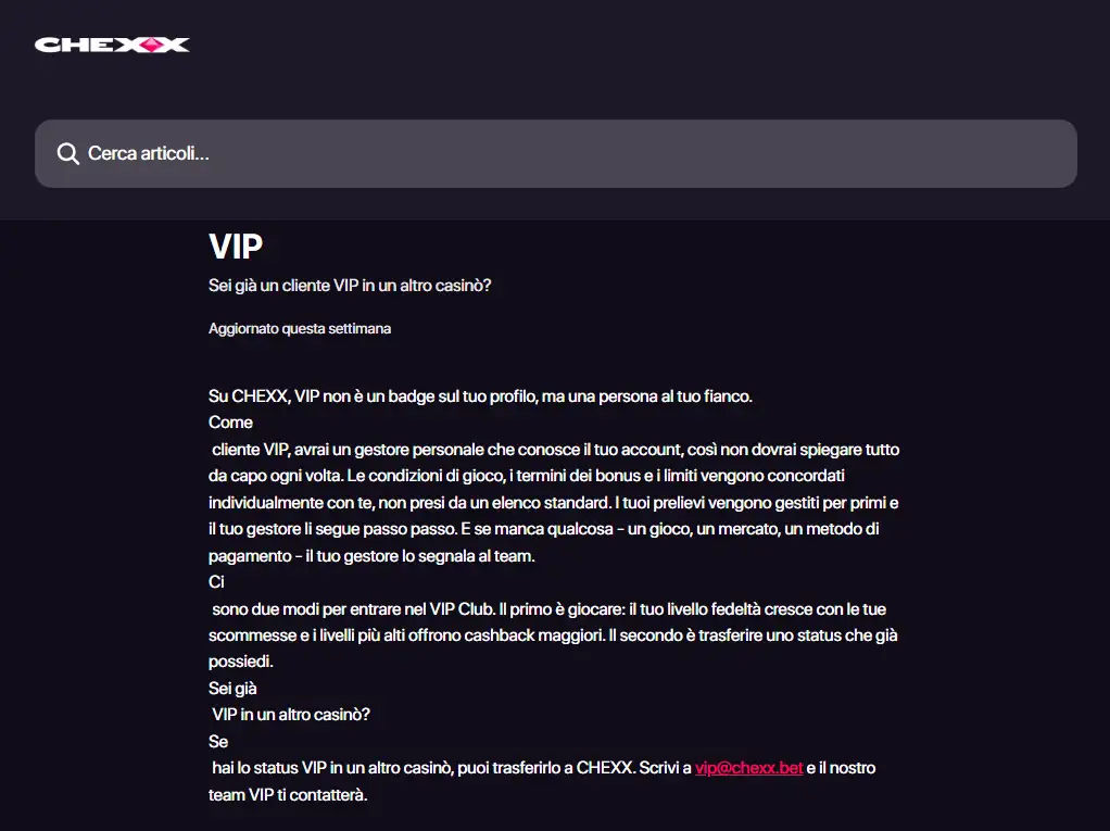 Livelli VIP CHEXX da Bronze a Obsidian con relativi vantaggi