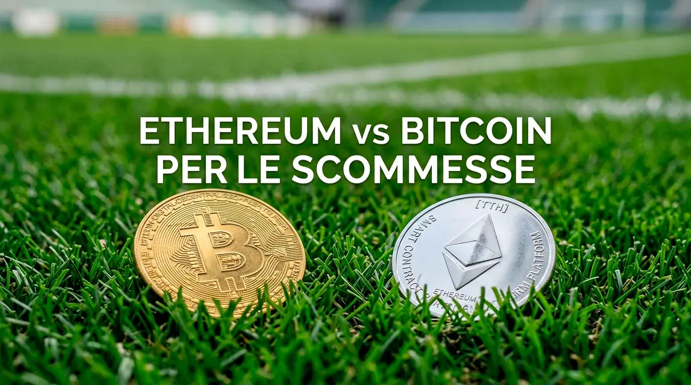 Confronto tra Ethereum e Bitcoin per le scommesse sportive con simboli ETH e BTC