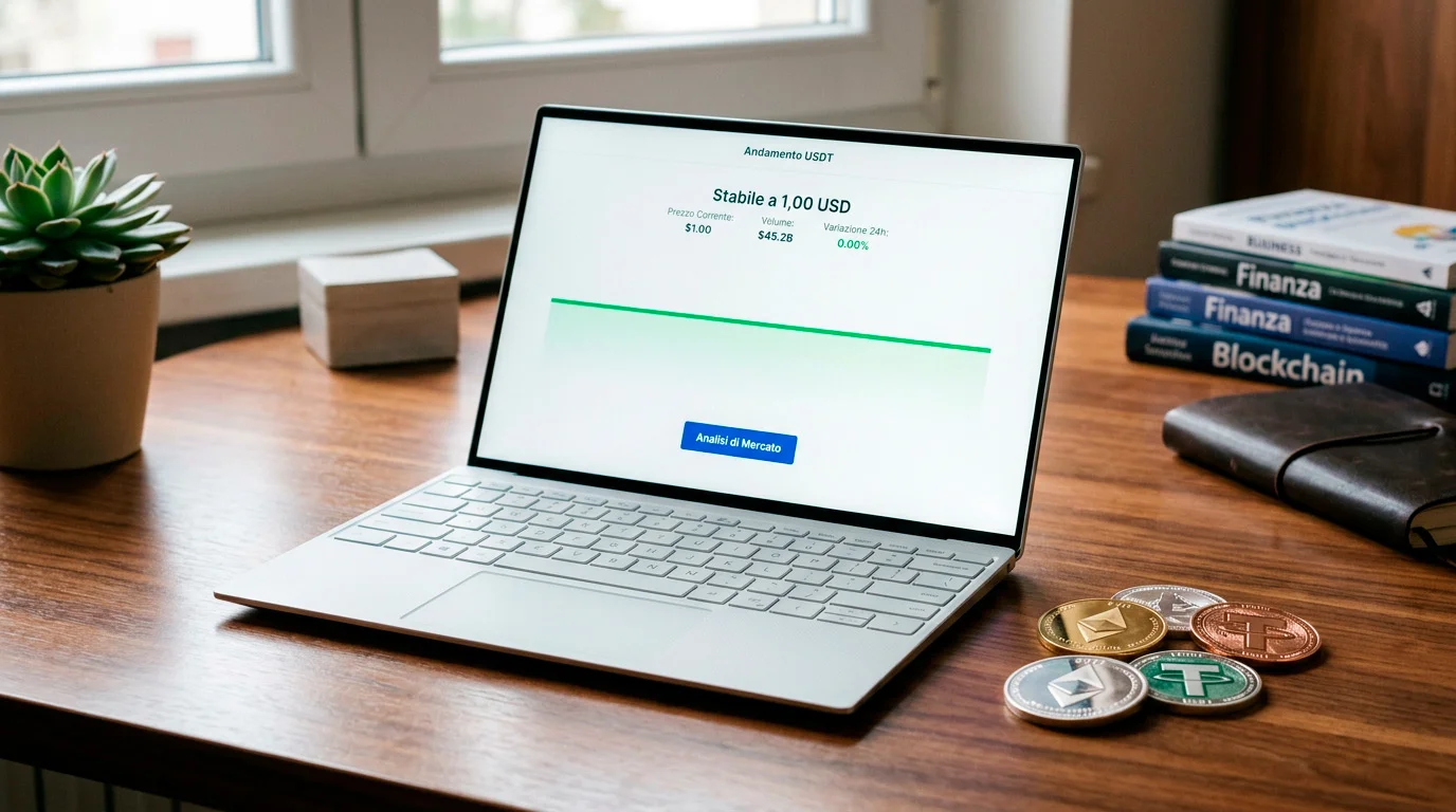 Schermo di laptop con un grafico stabile di prezzo USDT a 1 dollaro accanto a monete crypto su una scrivania